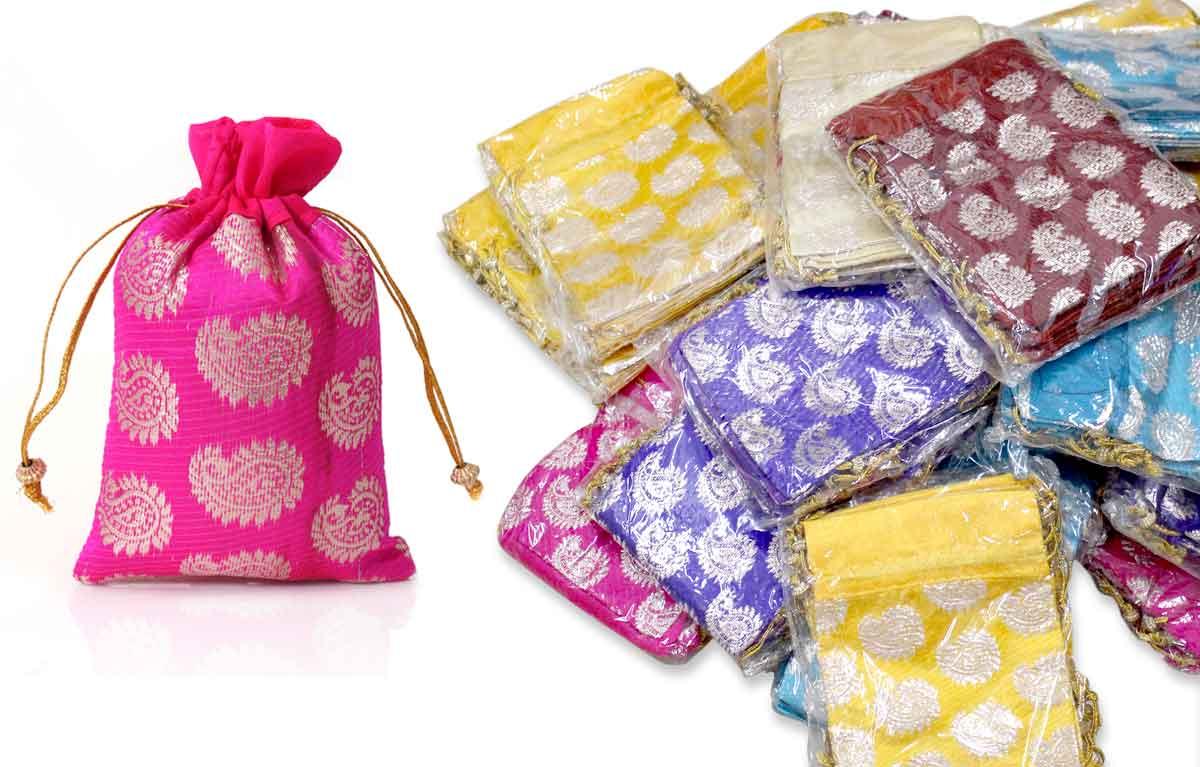 250 Mango brocade printed string bags for Wedding