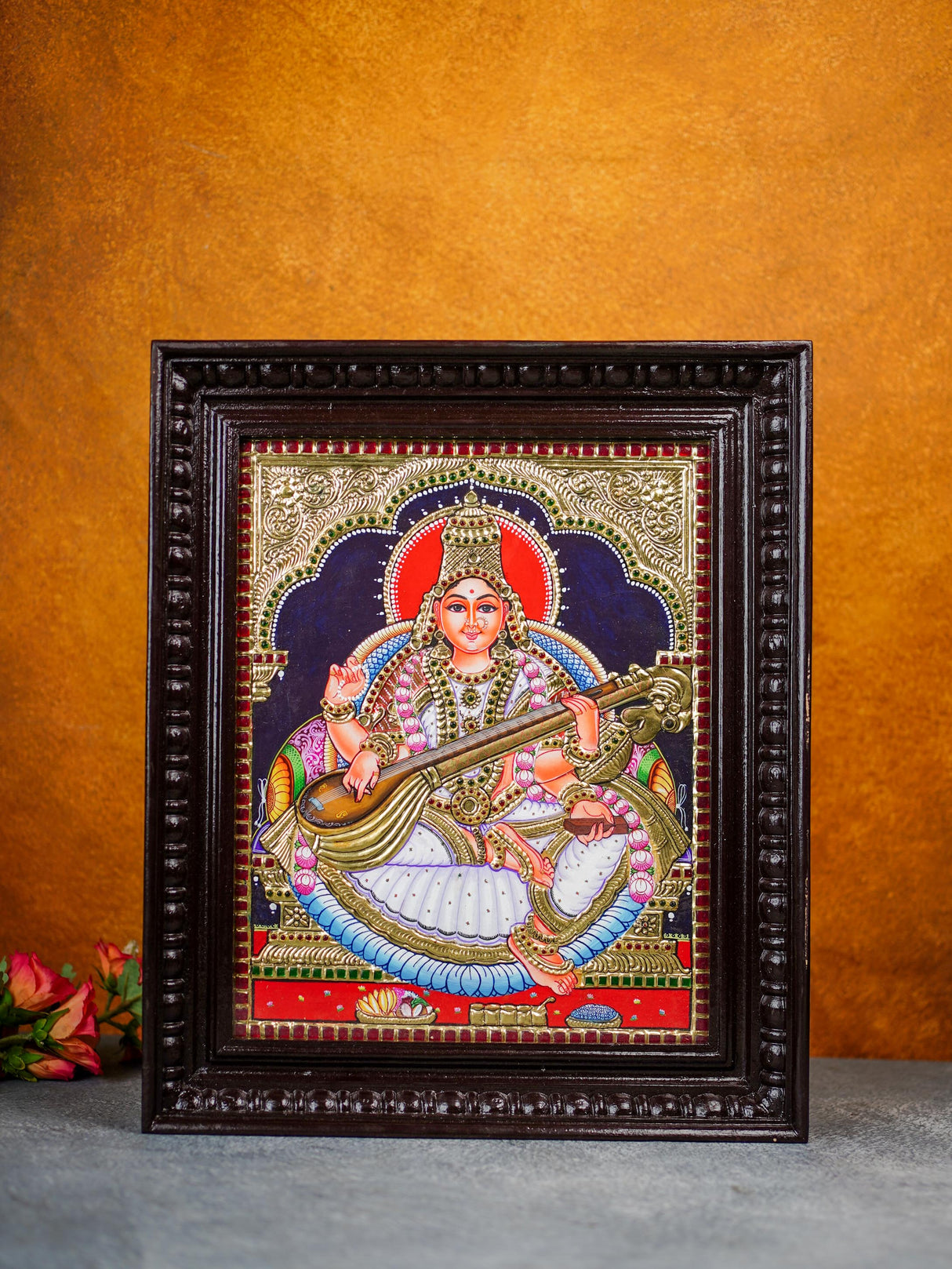 Tanjore Painting Saraswathi - Flat (Gold foil) - 15x12 inch - WL0461