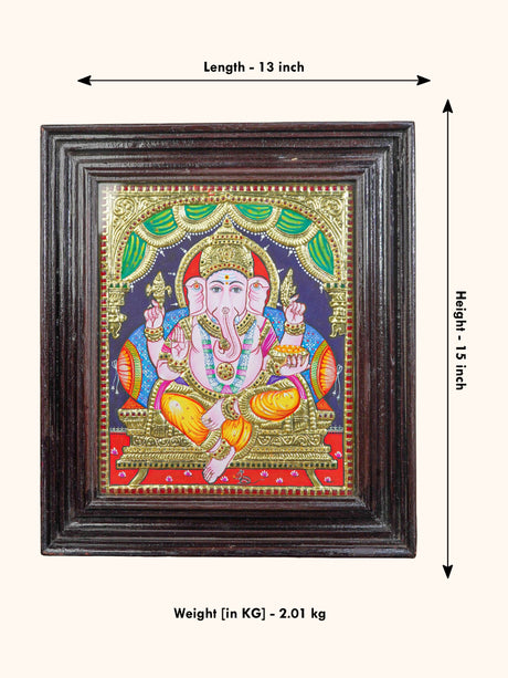 Tanjore Painting Ganesha in Sinhasan - Flat (Gold foil) - 12x10 inch - WL0479