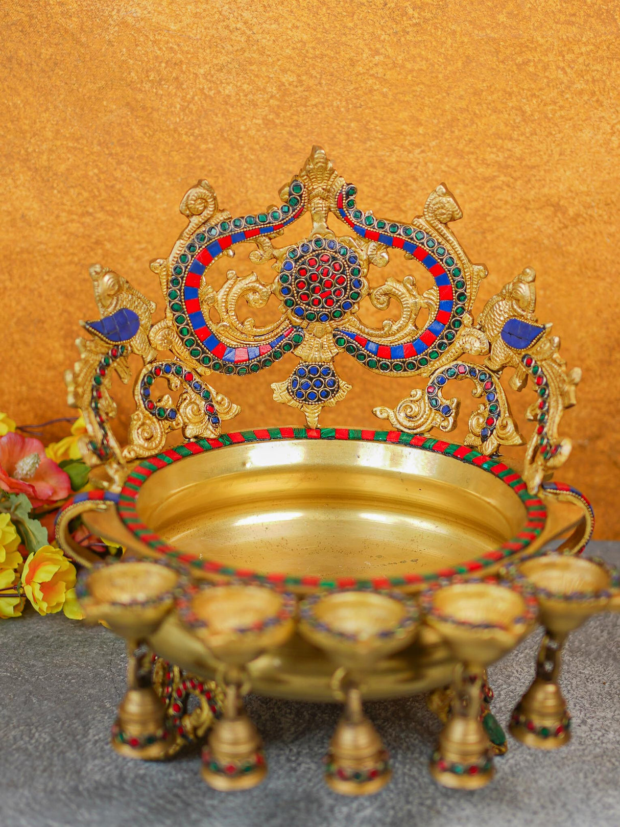 Brass Urli with Diya & Bells - WL3870