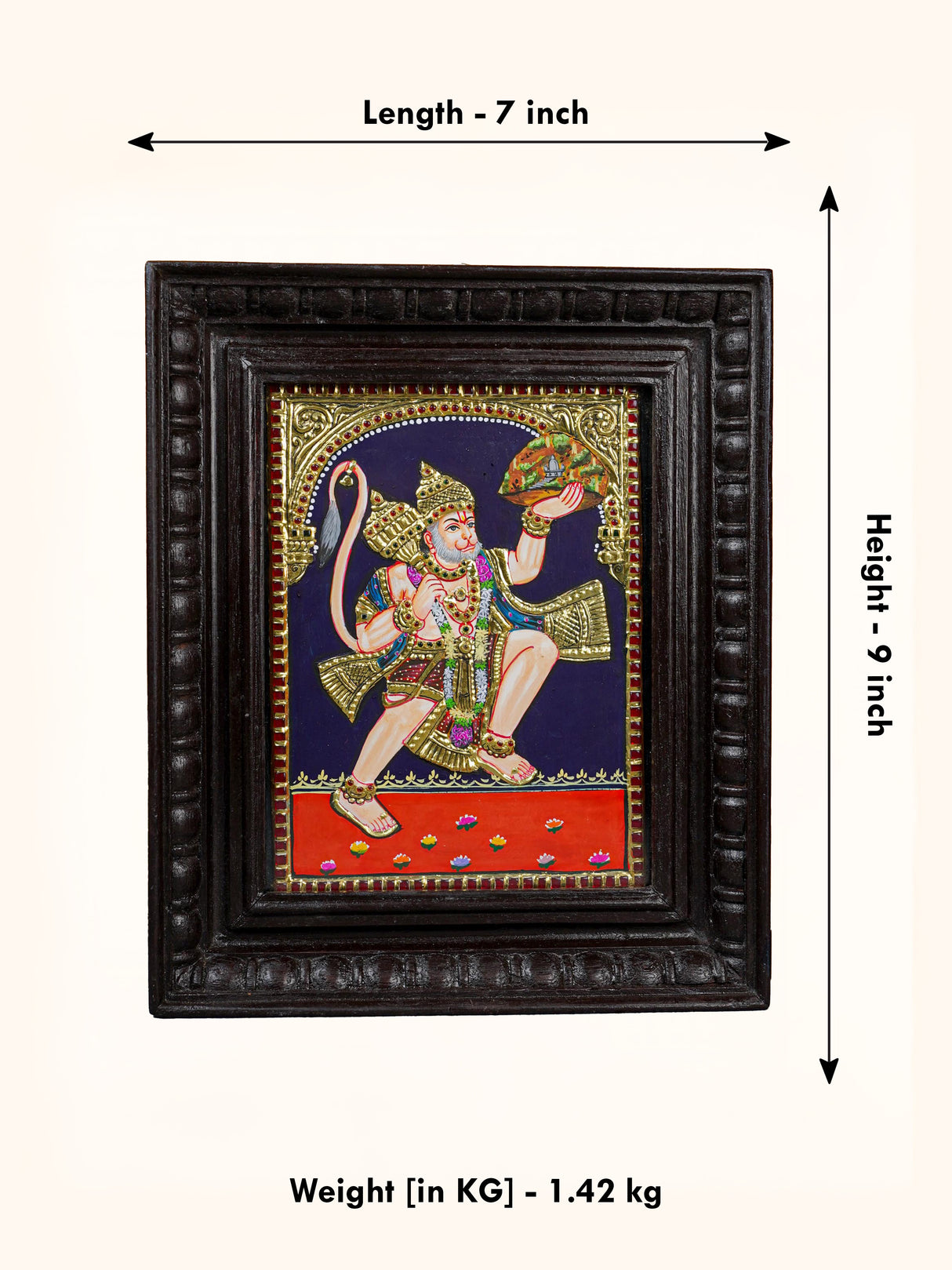 Tanjore Painting - Hanuman 10 x 8 inch - Flat [Gold Foil] - WL4259