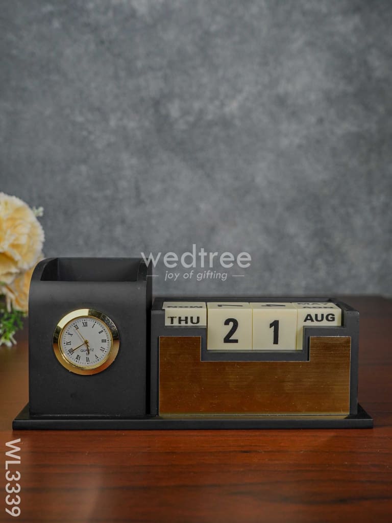 Black Matte Finish Pen Stand With Clock & Calender - Wl3339 Corporate Gifts