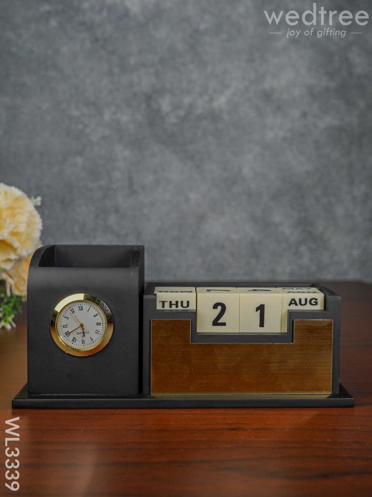 Black Matte Finish Pen Stand With Clock & Calender - Wl3339 Corporate Gifts