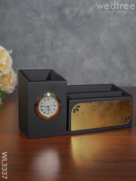 Black Matte Finish Pen Stand With Clock - Wl3337 Corporate Gifts