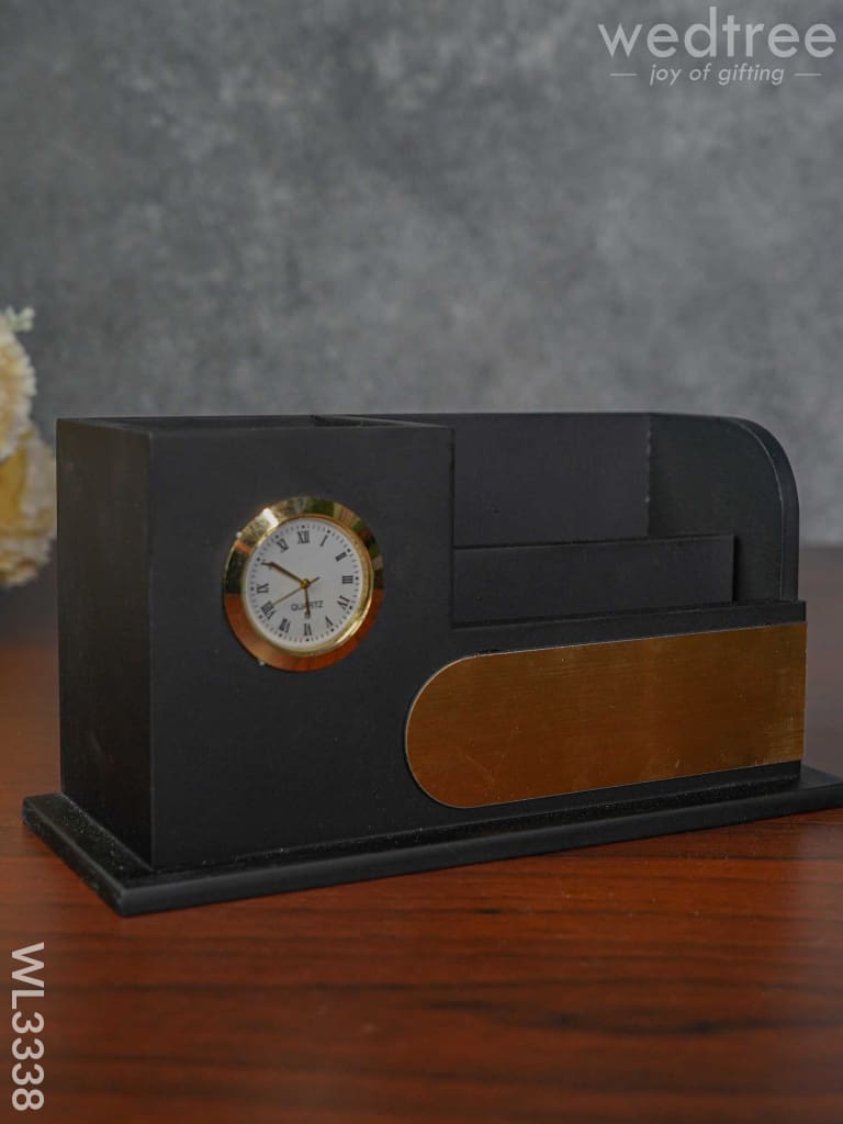 Black Matte Finish Pen Stand With Clock - Wl3338 Corporate Gifts