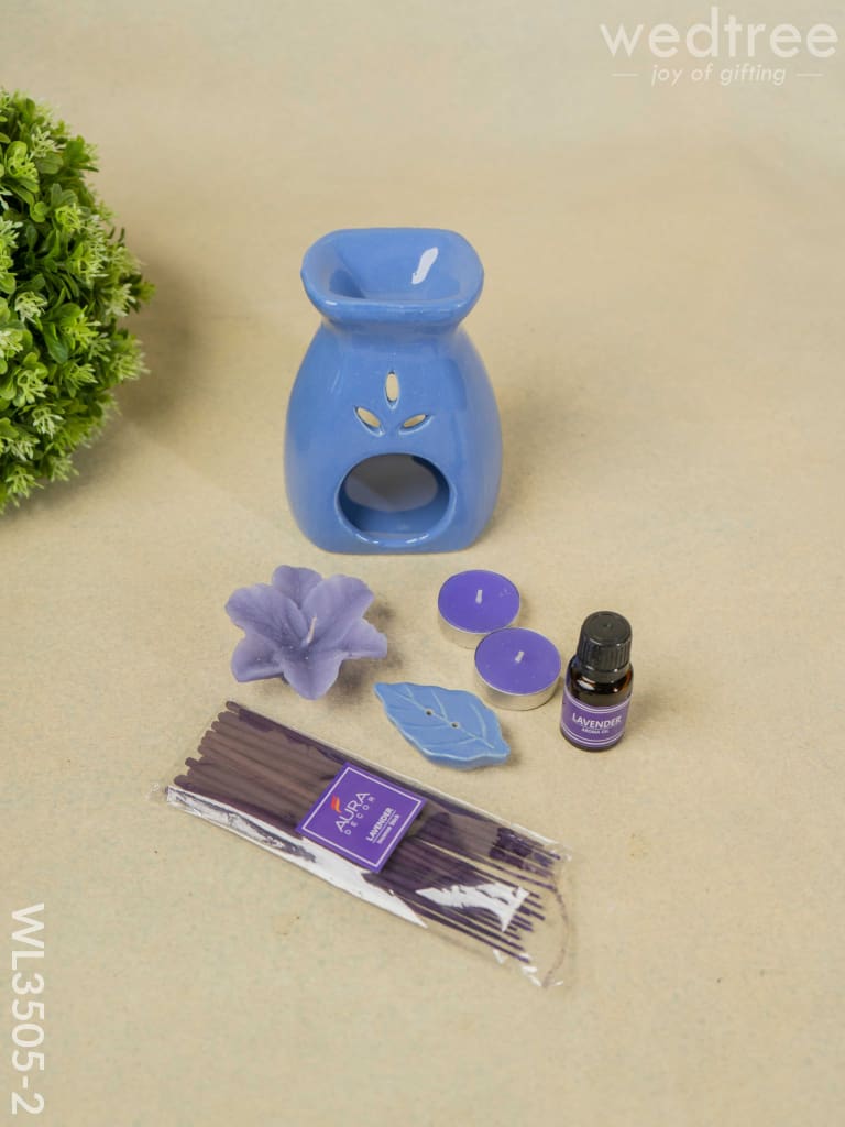 Blue Pottery Diffuser Candle Holder With Lavender Oil And Incense Sticks - Wl3505-2 Candles &