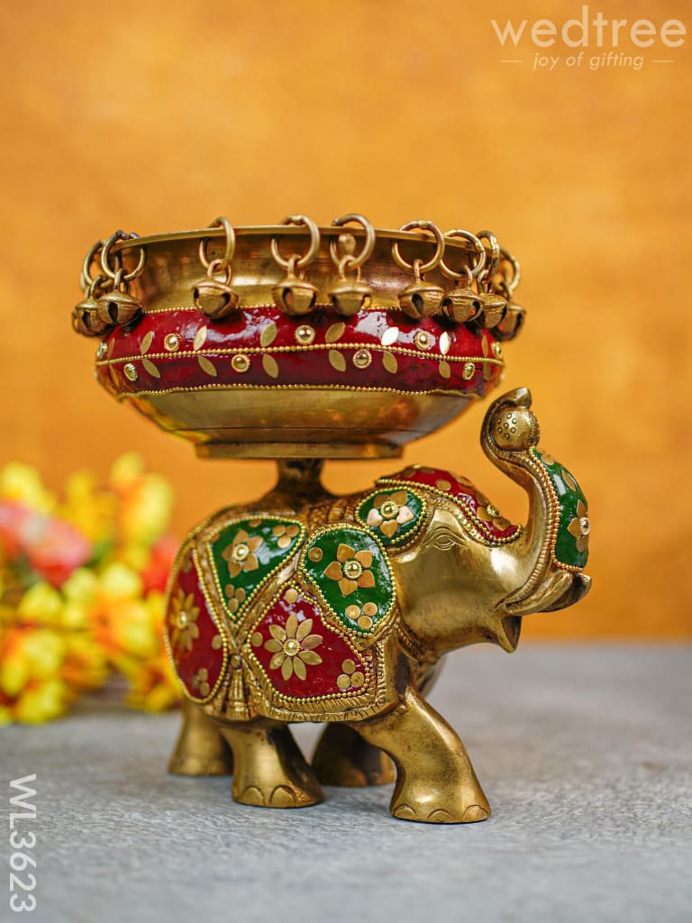 Brass Elephant Urli With Meenakari Finish - Wl3623