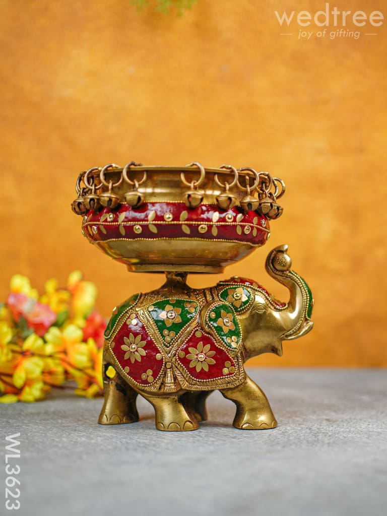 Brass Elephant Urli With Meenakari Finish - Wl3623