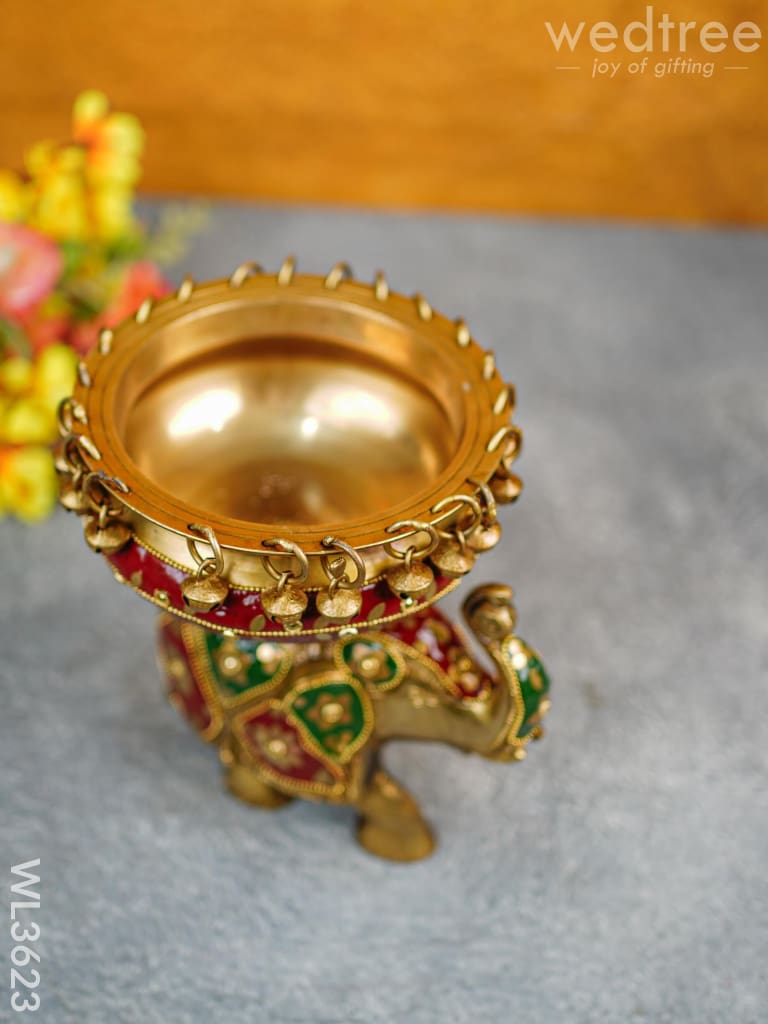 Brass Elephant Urli With Meenakari Finish - Wl3623