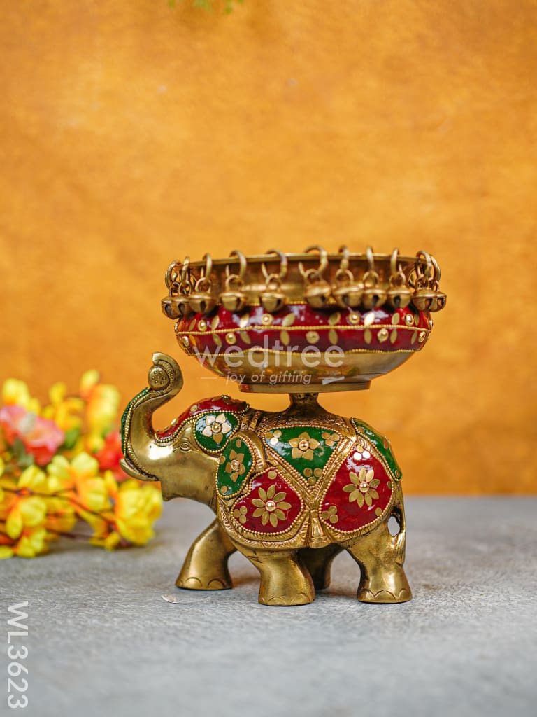 Brass Elephant Urli With Meenakari Finish - Wl3623