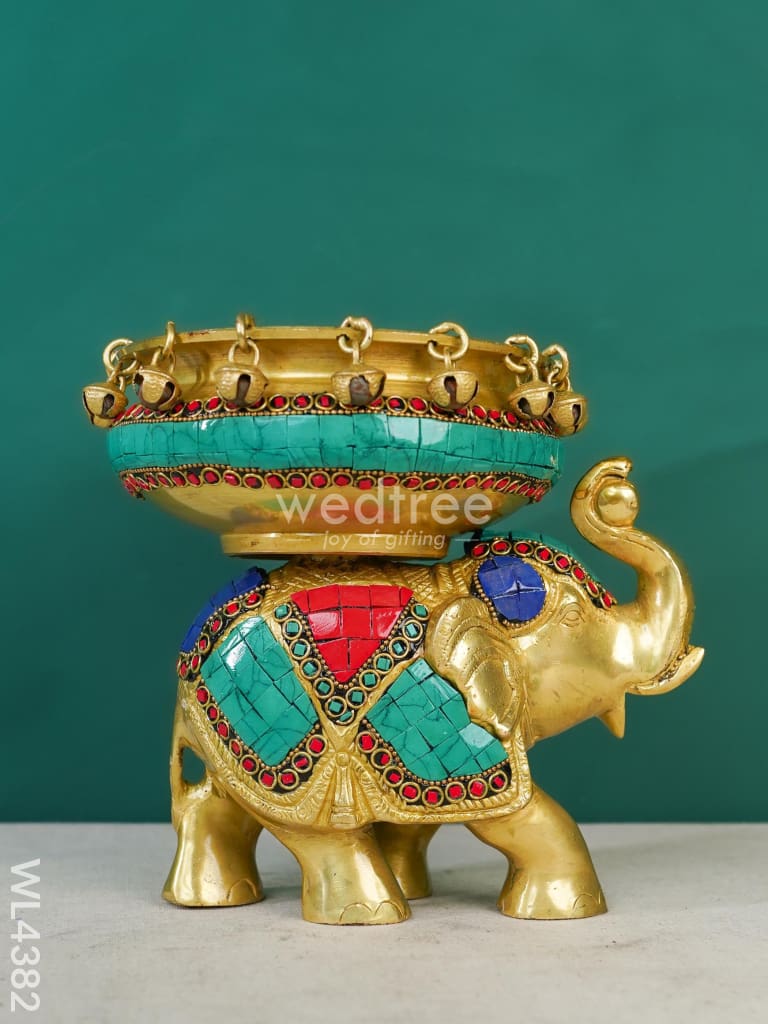 Brass Elephant Urli With Tile Work - Wl4382