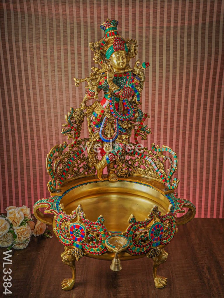 Brass Flute Krishna Urli With Diya And Bell - Wl3384