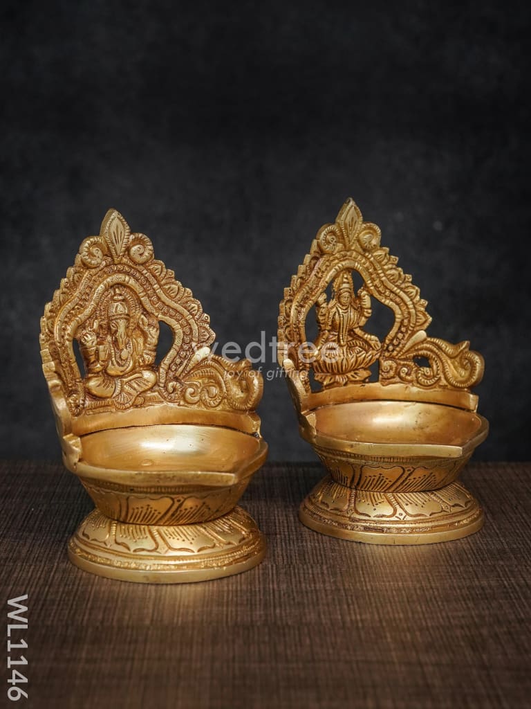 Brass Ganesh Lakshmi Diya With Round Base - Brown Antique Finish Wl1146