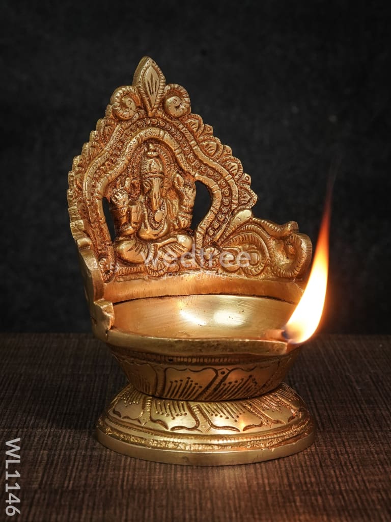 Brass Ganesh Lakshmi Diya With Round Base - Brown Antique Finish Wl1146