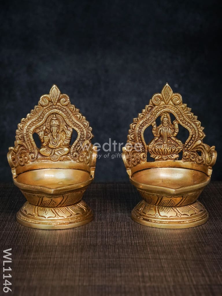 Brass Ganesh Lakshmi Diya With Round Base - Brown Antique Finish Wl1146