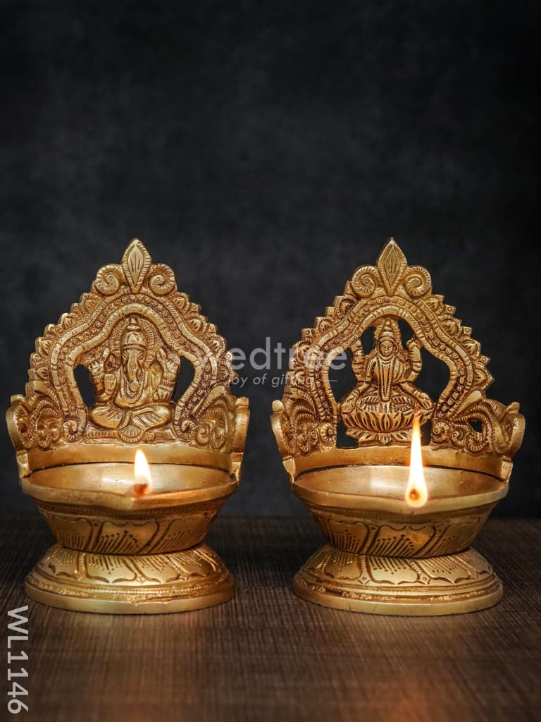 Brass Ganesh Lakshmi Diya With Round Base - Brown Antique Finish Wl1146