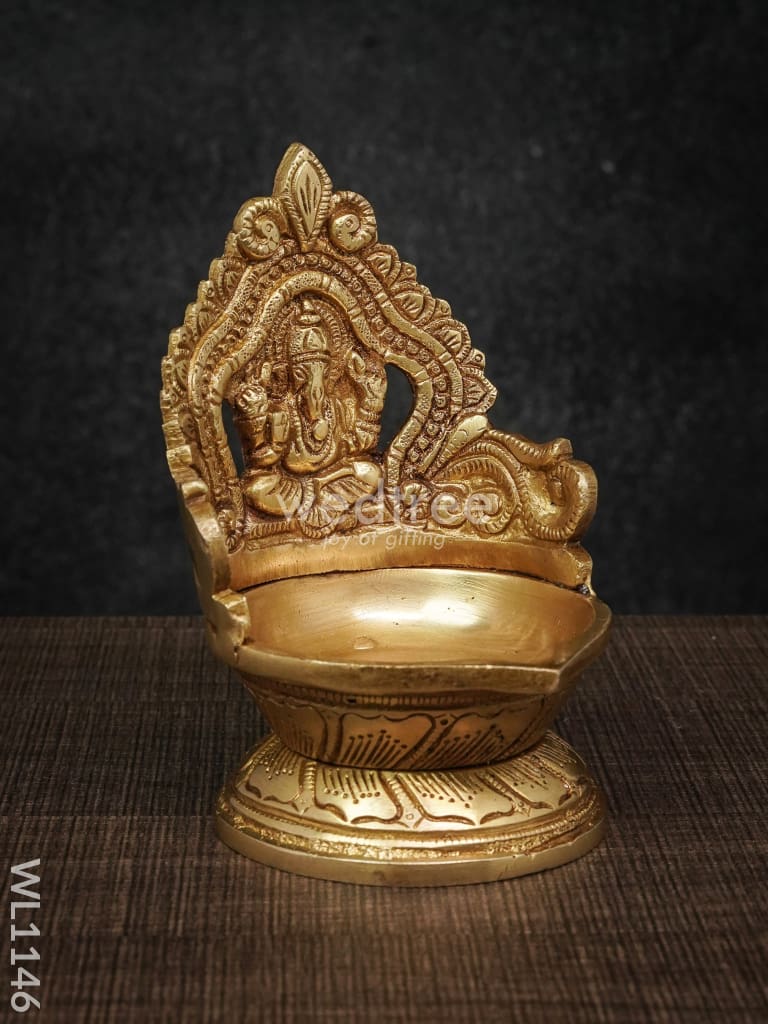 Brass Ganesh Lakshmi Diya With Round Base - Brown Antique Finish Wl1146