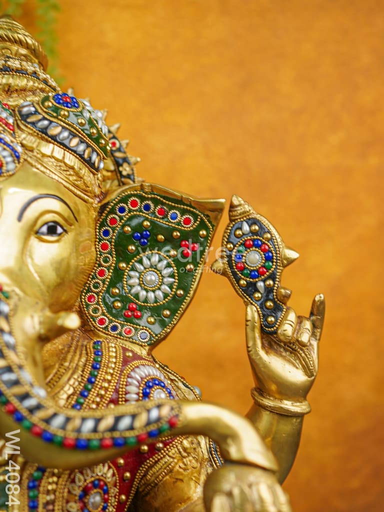 Brass Ganesha Idol With Multicolour Stone Work - Wl4084 Figurines