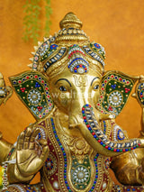 Brass Ganesha Idol With Multicolour Stone Work - Wl4084 Figurines