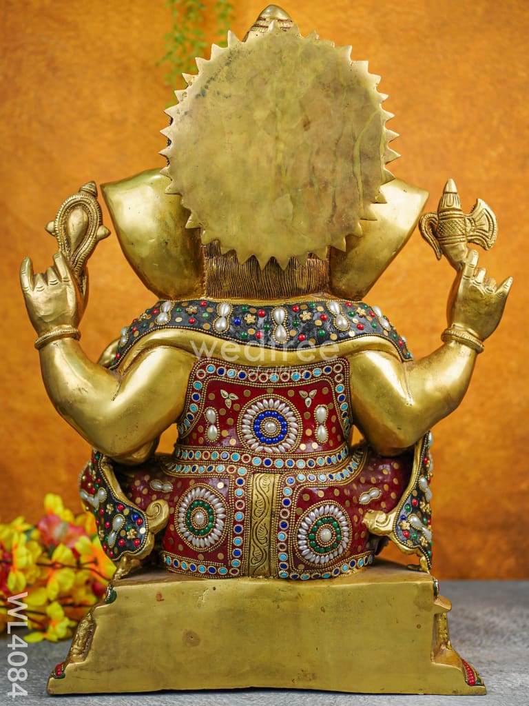 Brass Ganesha Idol With Multicolour Stone Work - Wl4084 Figurines