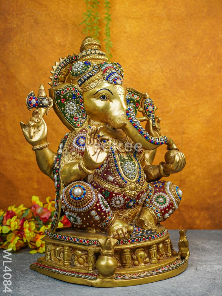 Brass Ganesha Idol With Multicolour Stone Work - Wl4084 Figurines