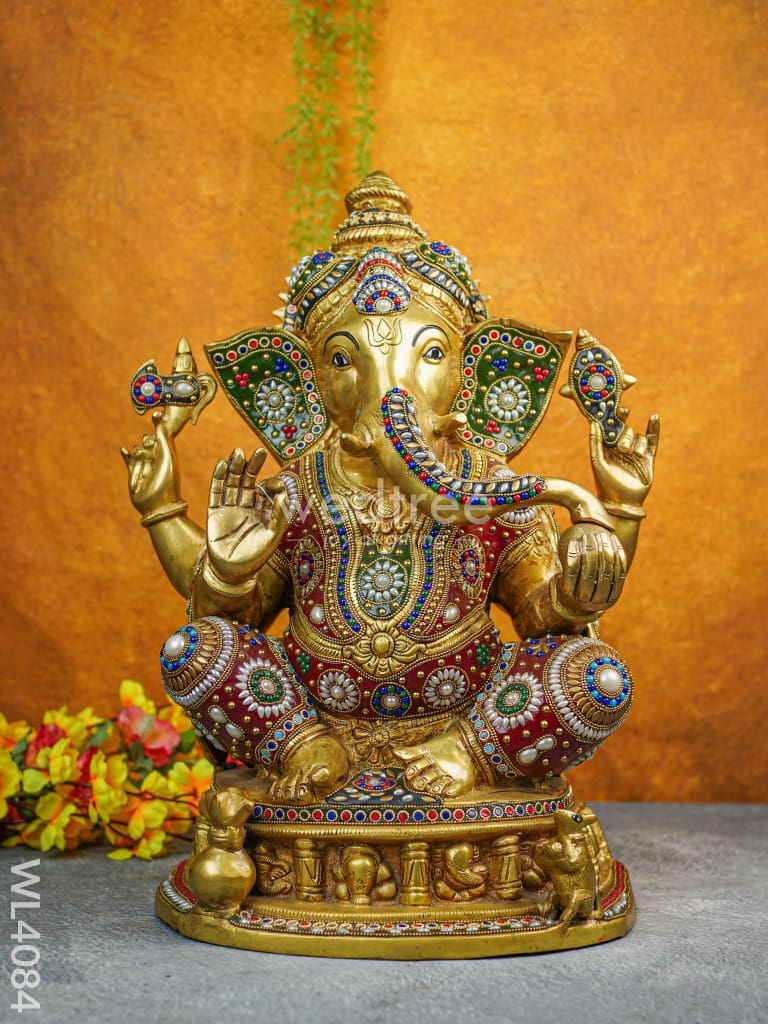 Brass Ganesha Idol With Multicolour Stone Work - Wl4084 Figurines