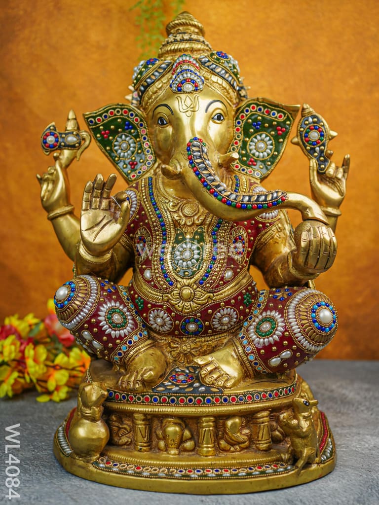 Brass Ganesha Idol With Multicolour Stone Work - Wl4084 Figurines