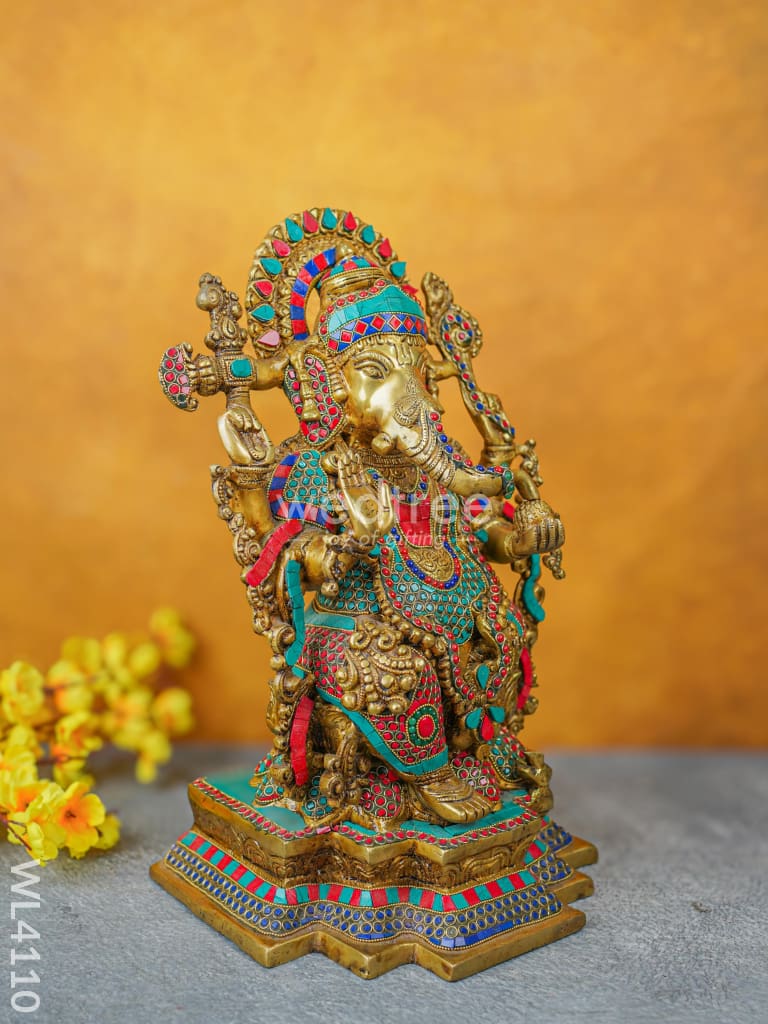 Brass Ganesha Idol With Stone Work - Wl4110 Figurines