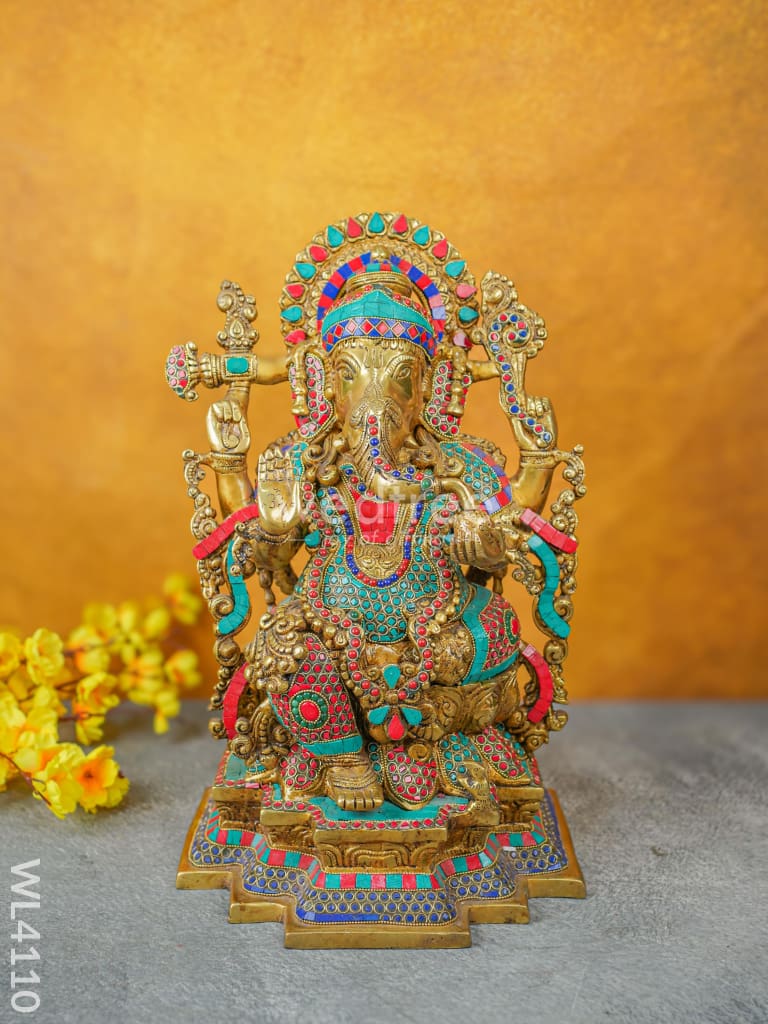 Brass Ganesha Idol With Stone Work - Wl4110 Figurines