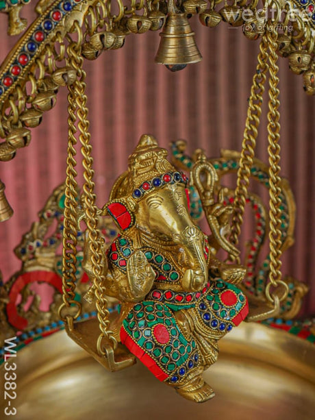 Brass Ganesha Jhoola Urli With 7 Diya And Bells - Wl3382-3
