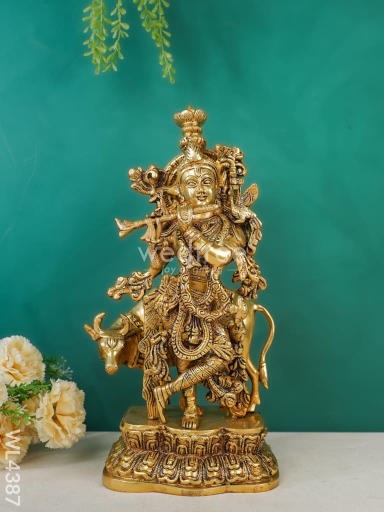 Brass Krishna & Cow Figurine - Wl4387 Figurines