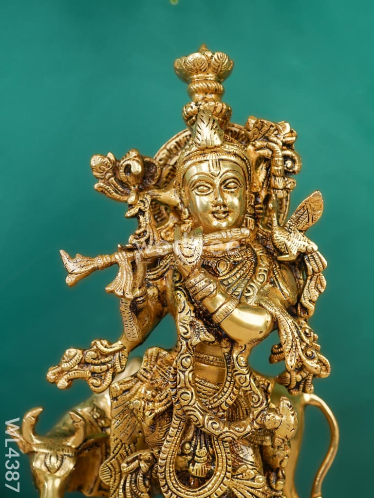 Brass Krishna & Cow Figurine - Wl4387 Figurines