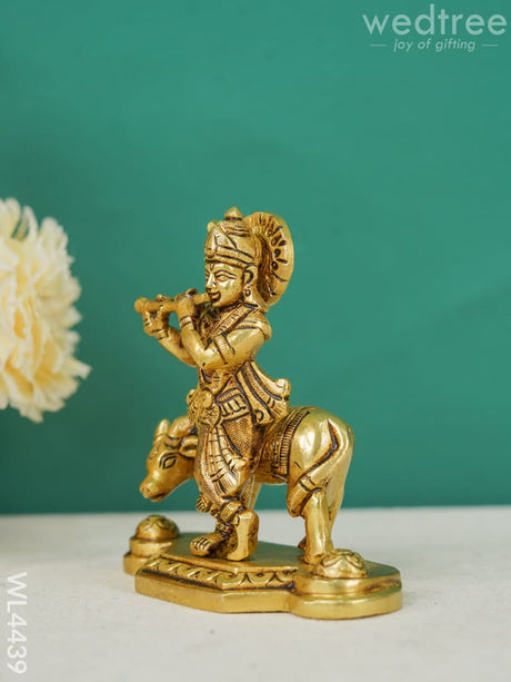 Brass Krishna Figurine With Cow - Wl4439 Figurines