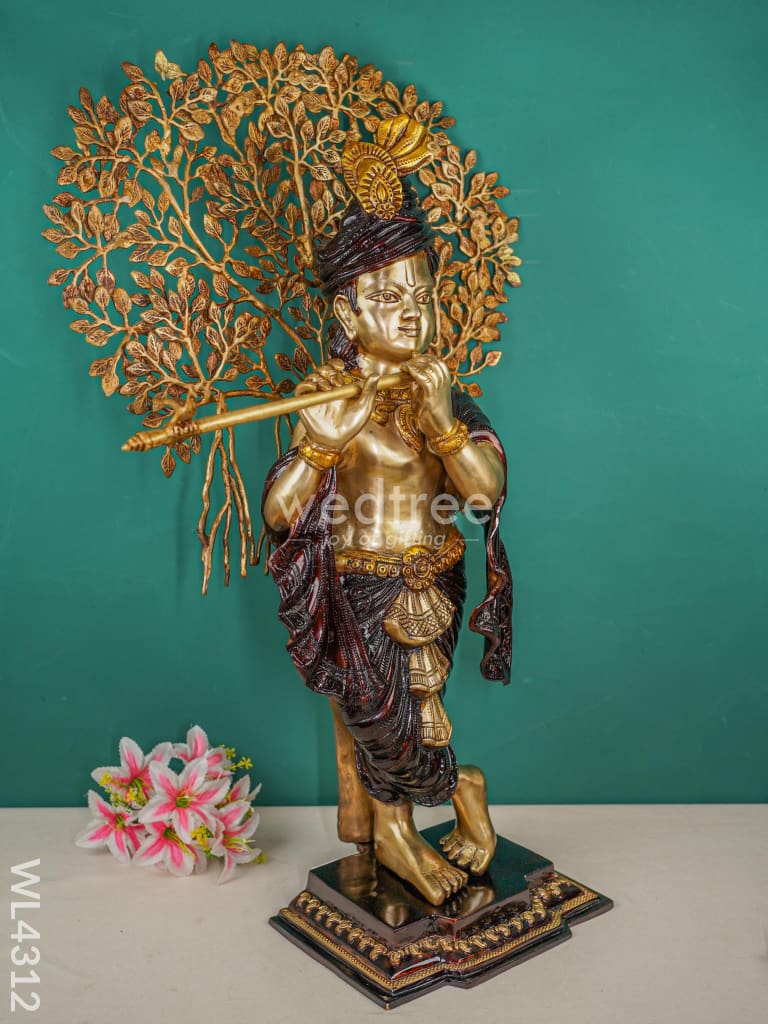 Brass Krishna Idol With Kalpavriksha Tree - Wl4312 Figurines