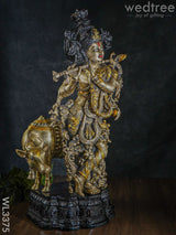 Brass Krishna With Cow - Black Antique Finish Wl3375 Figurines