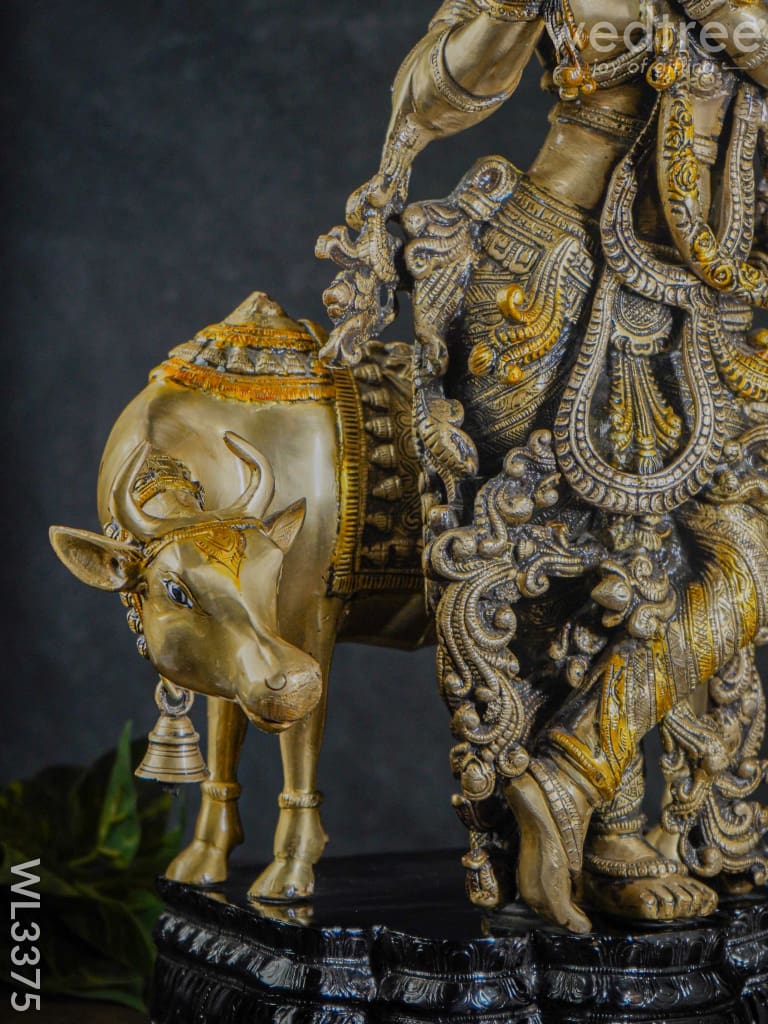 Brass Krishna With Cow - Black Antique Finish Wl3375 Figurines