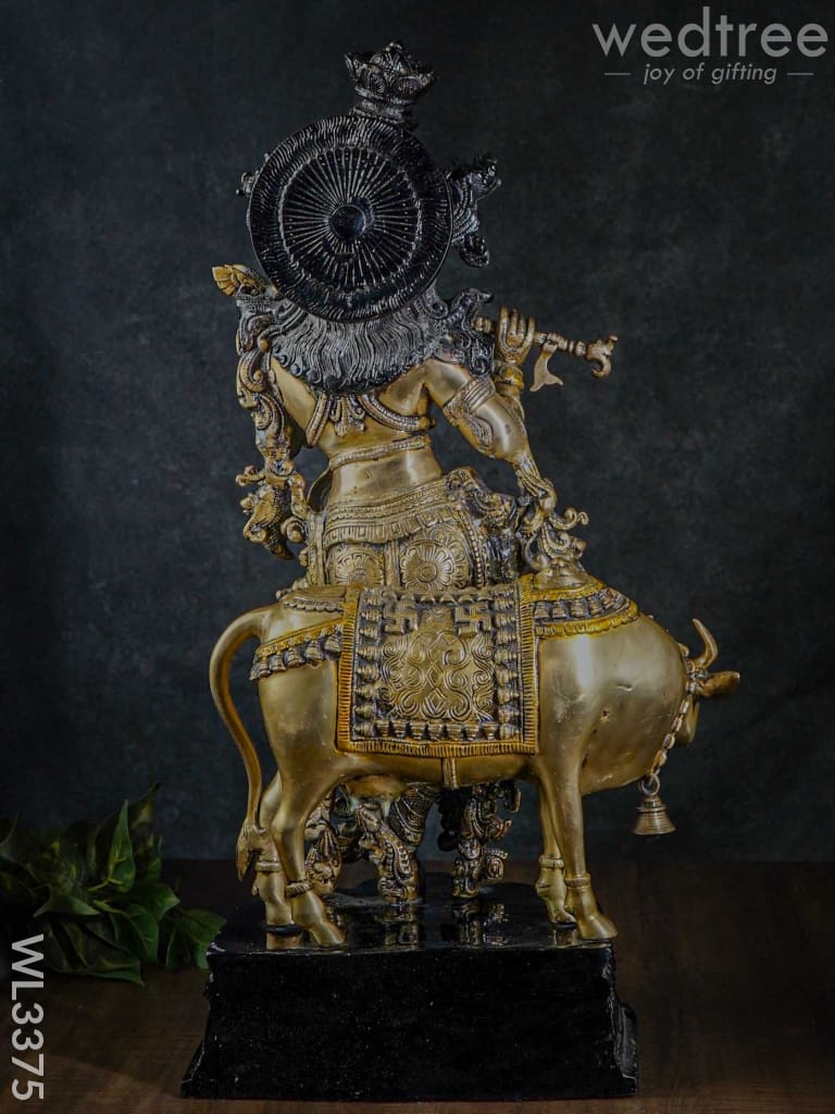 Brass Krishna With Cow - Black Antique Finish Wl3375 Figurines