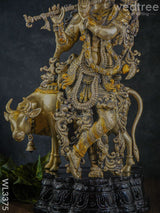 Brass Krishna With Cow - Black Antique Finish Wl3375 Figurines