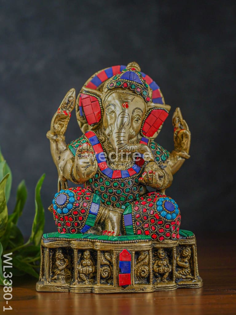 Brass Laddu Ganesha With Stone Work - Wl3380-1 Figurines