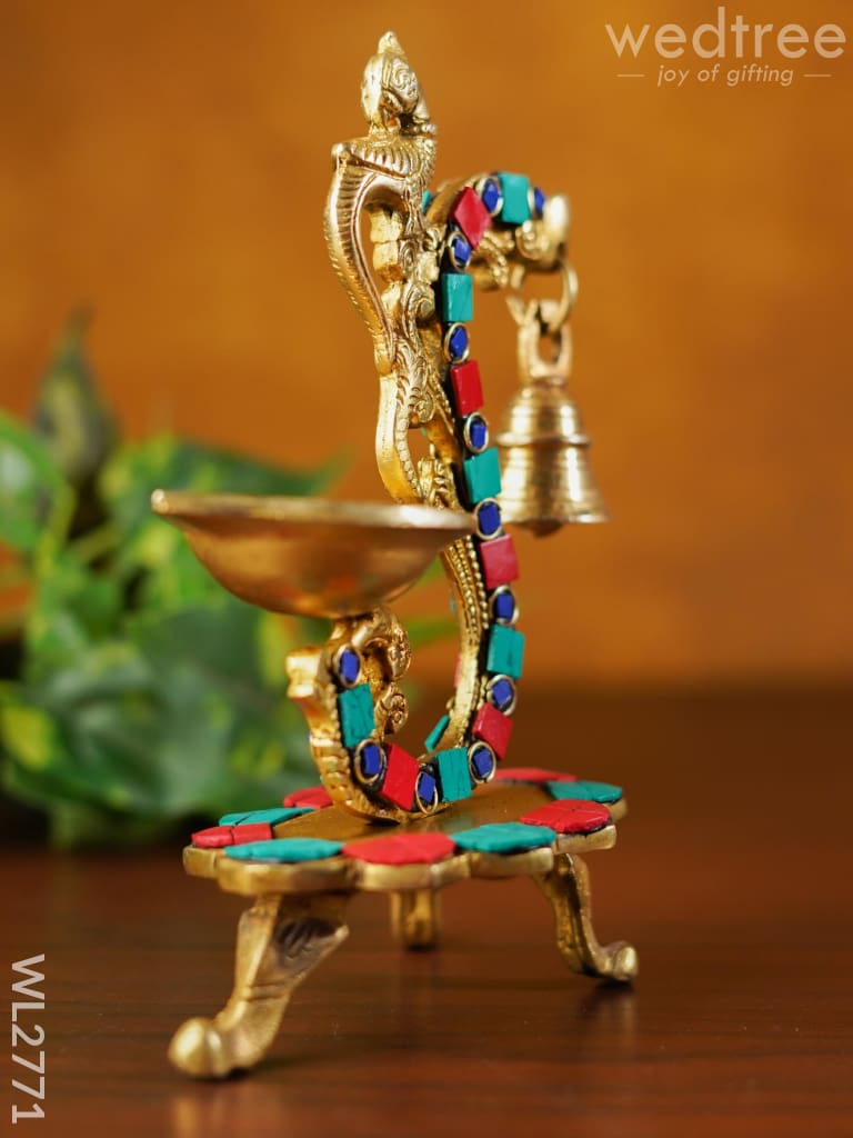 Brass Lotus Diya With Chowki & Stone Work - Wl2771