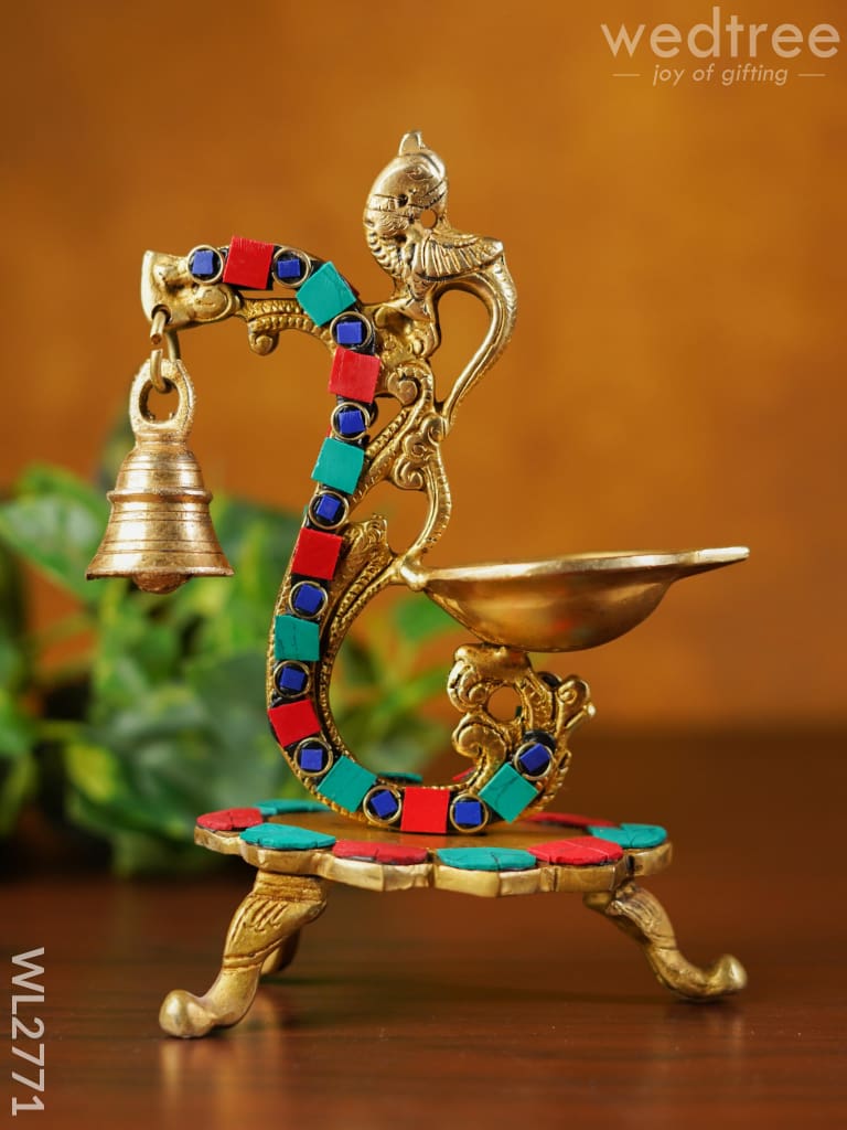 Brass Lotus Diya With Chowki & Stone Work - Wl2771