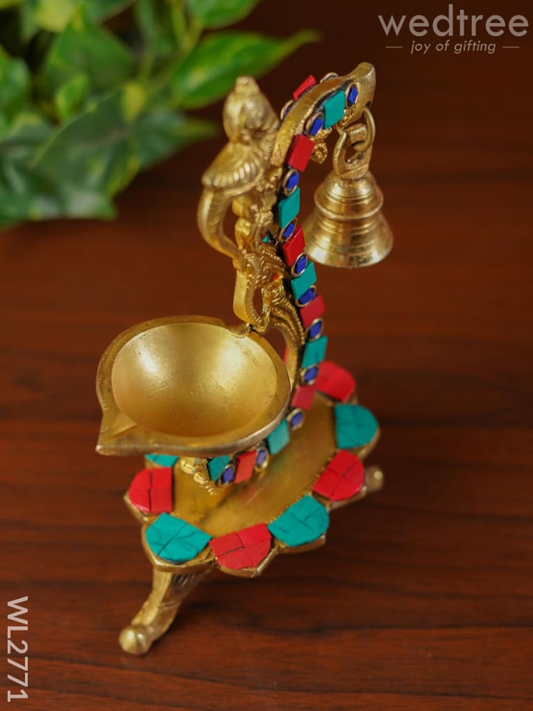 Brass Lotus Diya With Chowki & Stone Work - Wl2771