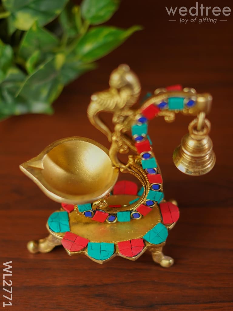 Brass Lotus Diya With Chowki & Stone Work - Wl2771