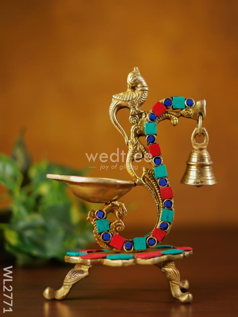 Brass Lotus Diya With Chowki & Stone Work - Wl2771