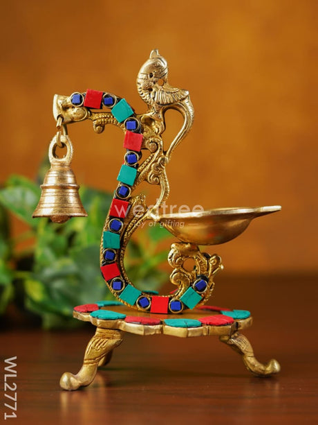 Brass Lotus Diya With Chowki & Stone Work - Wl2771