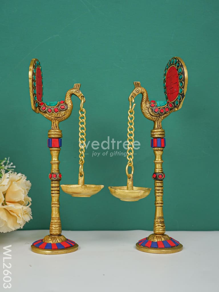 Brass Peacock Hanging Diya With Stone Work (Set Of 2) - Wl2603