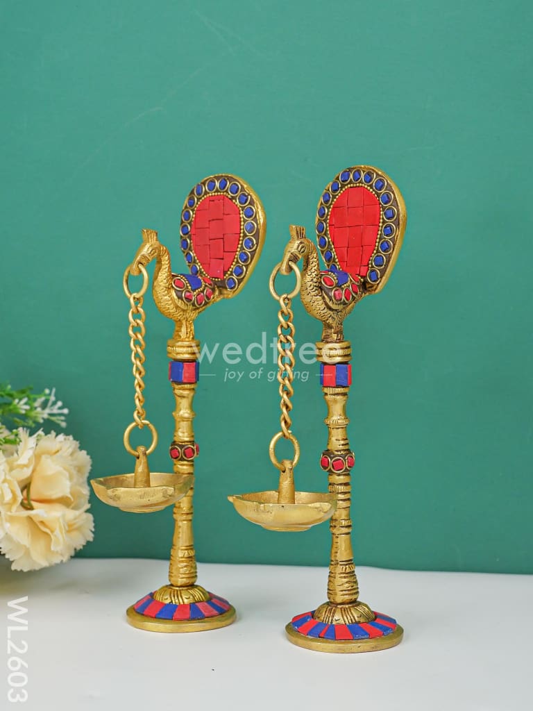 Brass Peacock Hanging Diya With Stone Work (Set Of 2) - Wl2603