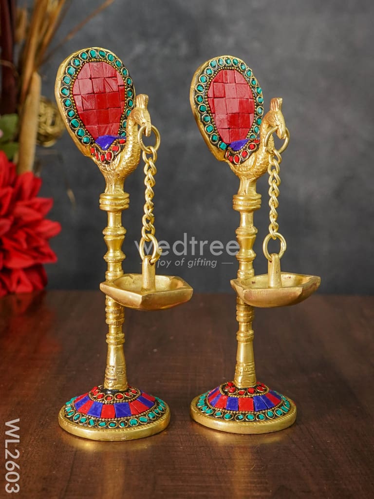 Brass Peacock Hanging Diya With Stone Work (Set Of 2) - Wl2603