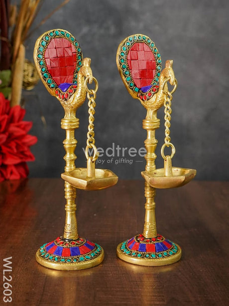 Brass Peacock Hanging Diya With Stone Work (Set Of 2) - Wl2603