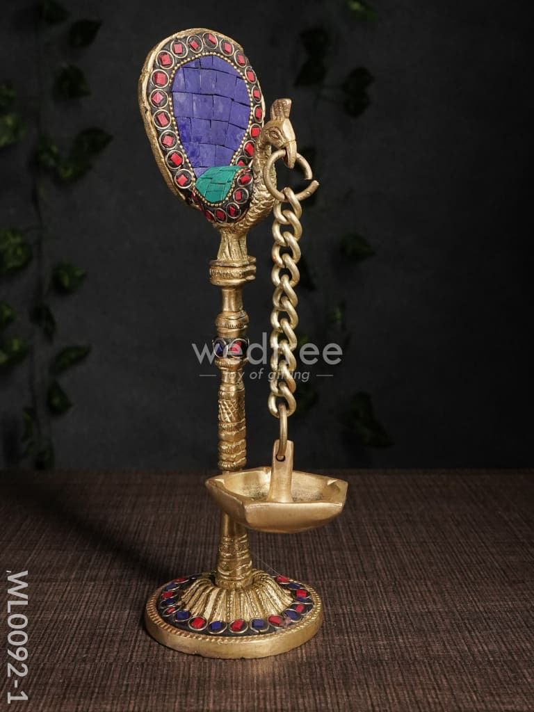 Brass Peacock Stand With Diya Blue